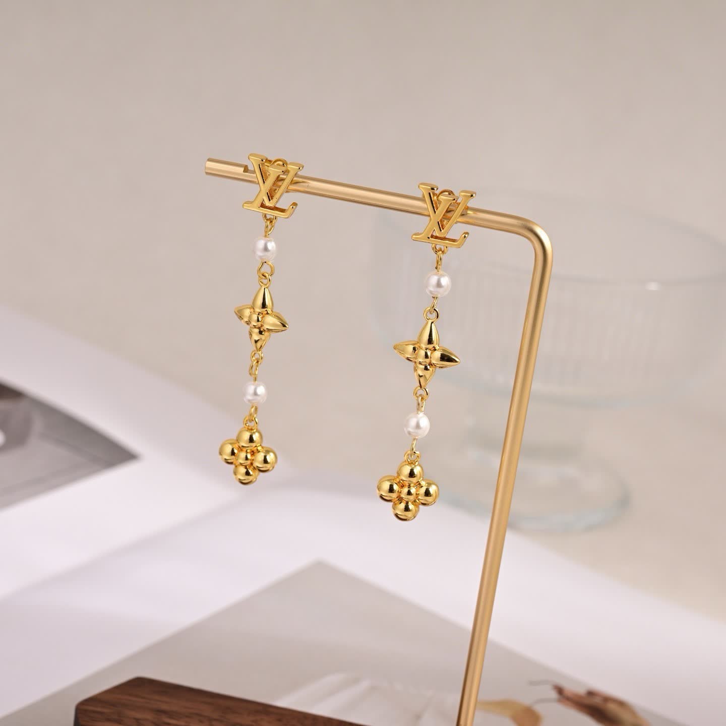 Louis Vuitton Gold Letter and Flower Tree Pearl Earrings